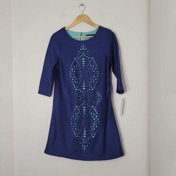 Tiana B. Dresses & Skirts - Tiana B. NEW Navy Blue Turquoise Round Neck Cut Out 3/4 Sleeve Dress Sz 6 NWT